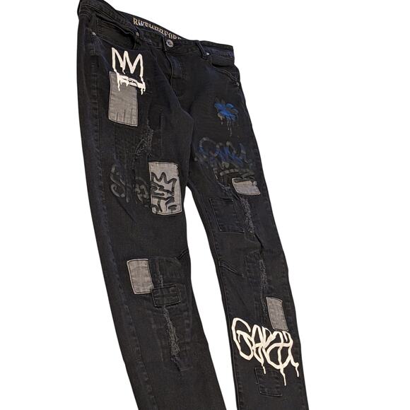 Rutherford Skinny Fit Jeans Mens 34 Distressed Graffiti Patches Streetwear Bold - Picture 7 of 12